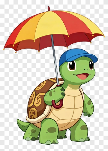 Adorable Turtle With Umbrella And Cap PNG