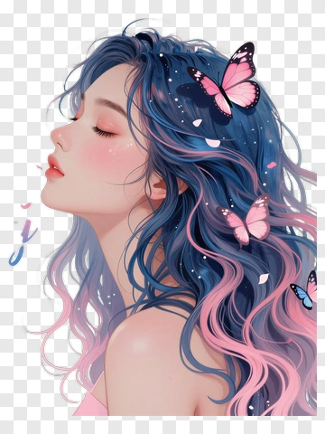 Woman With Butterflies In Blue And Pink Hair PNG