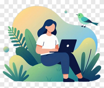 Person Working On Laptop With Bird And Plants PNG