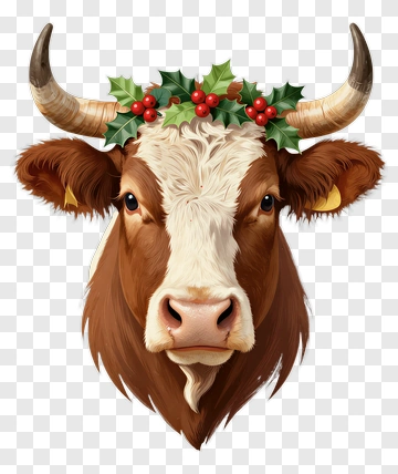Bull With Holly Wreath PNG