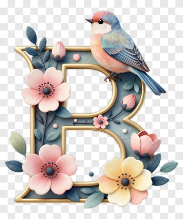 Bird Perched On Letter B With Flowers PNG