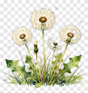 Dandelion Flower With Seed Heads And Leaves PNG