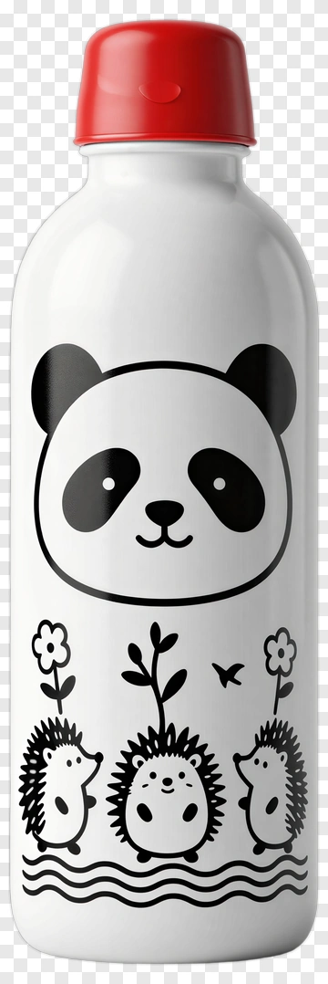 Panda And Hedgehogs On Water Bottle PNG