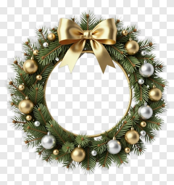 Christmas Wreath With Gold Bow And Ornaments PNG