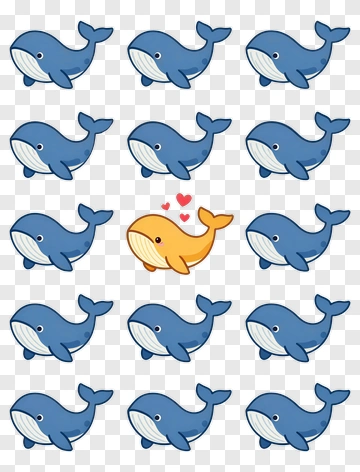 Yellow Whale Surrounded By Blue Whales PNG