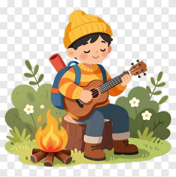Boy Playing Ukulele By Campfire PNG