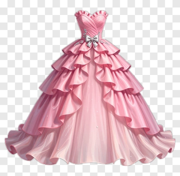 Pink Satin Ball Gown With Silver Bow PNG