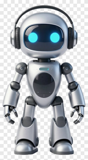 Silver Robot With Blue Eyes And Headphones PNG