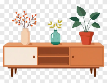 Modern Sideboard With Decorative Plants PNG
