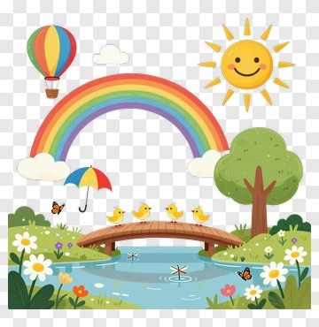 Chickens On Bridge Under Rainbow PNG