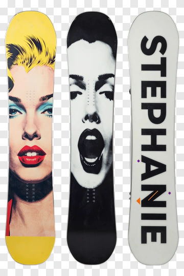 Three Graphic Snowboards Featuring Bold Portraits PNG
