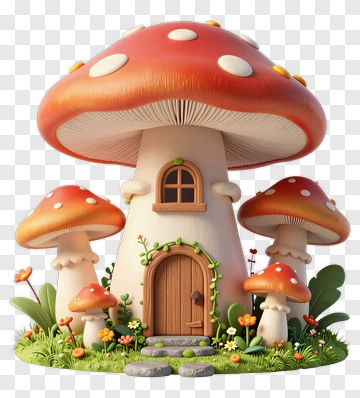 Mushroom House With Red Caps PNG