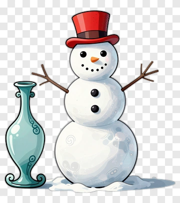 Snowman With Red Top Hat And Blue Vase PNG