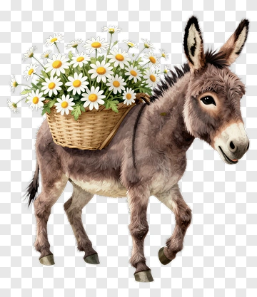 Donkey Carrying Basket Of Daisies PNG