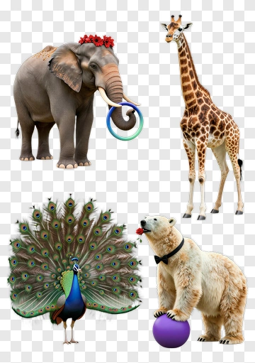 Four Animals In A Festive Scene PNG