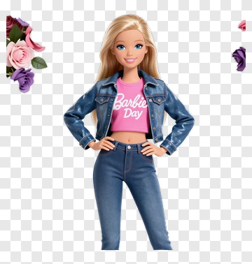 Barbie In Denim Outfit With Flowers PNG