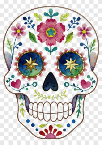 Sugar Skull With Floral And Star Decorations PNG