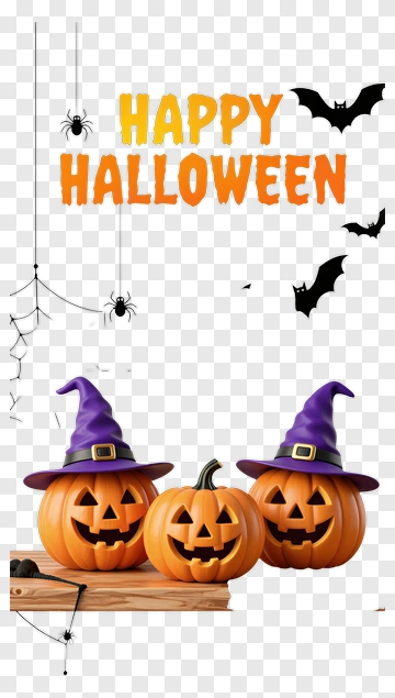 Happy Halloween Pumpkins With Witch Hats PNG