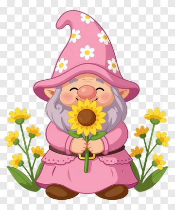 Garden Gnome Holding Sunflower PNG