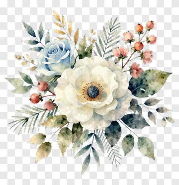 Watercolor Flower Bouquet With Rose And Berries PNG