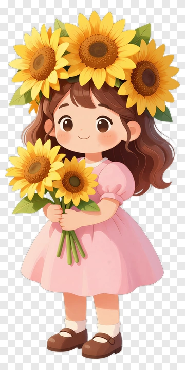 Girl With Sunflower Crown And Bouquet PNG