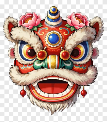 Lion Dance Mask With Peony Flowers PNG