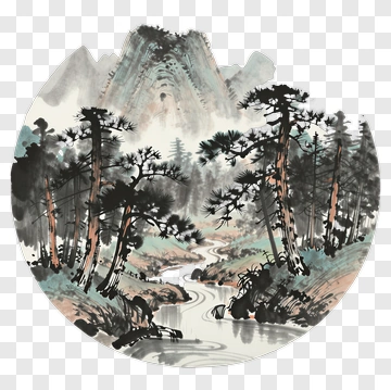 Chinese Landscape With Pine Trees And Stream PNG