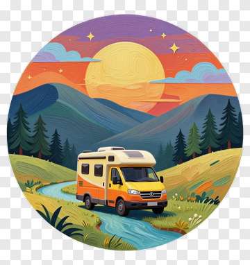 Camper Van On Sunset Mountain Road PNG