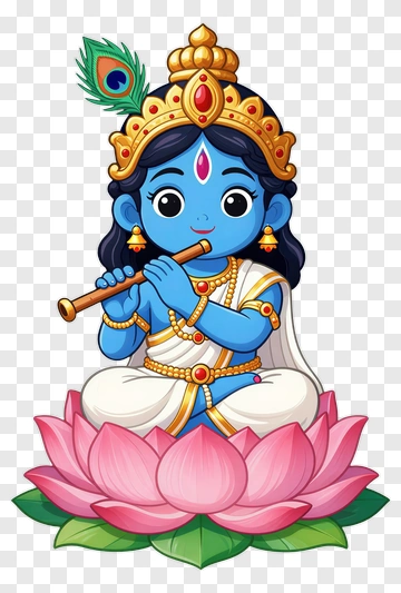 Cartoon Krishna Playing Flute On Lotus PNG
