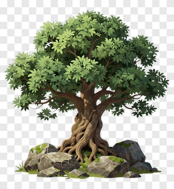 Ancient Tree With Roots And Rocks PNG