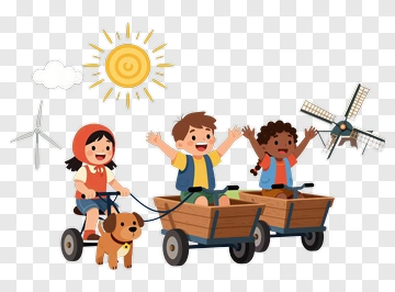 Children Riding Wagon With Dog PNG