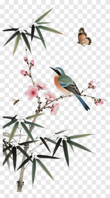 Bird And Butterfly Among Bamboo And Blossoms PNG