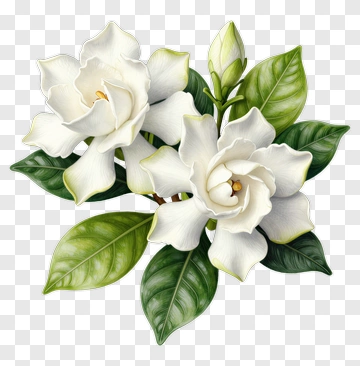 White Gardenia Blossoms With Green Leaves PNG