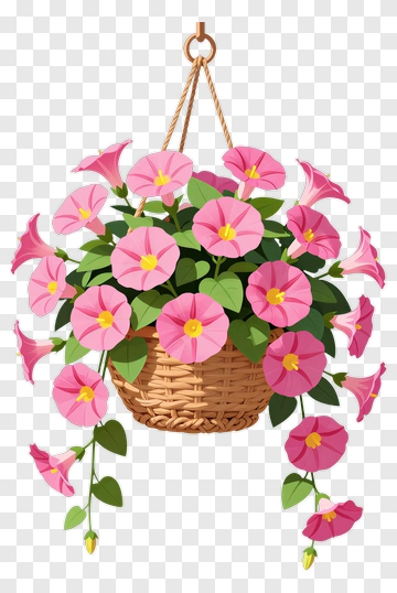 Hanging Flower Basket With Petunias PNG