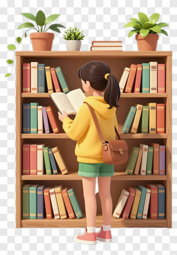 Girl Reading A Book In Library PNG