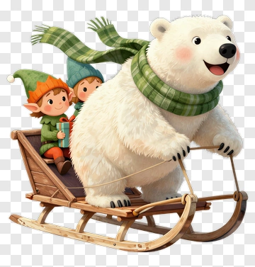 Polar Bear And Elves On A Sled PNG