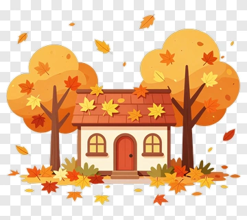 Cozy Autumn House With Falling Leaves PNG