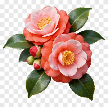Pink Camellia Blossoms With Green Leaves PNG