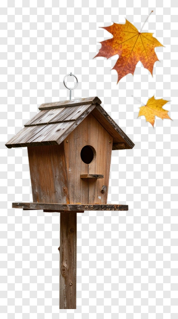 Wooden Birdhouse With Falling Leaves PNG