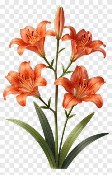 Orange Lily With Green Leaves PNG