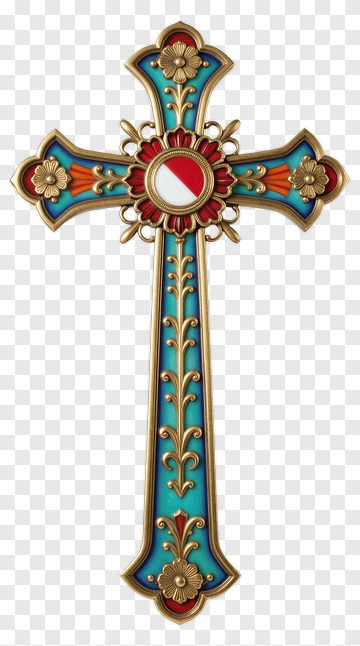 Ornate Cross With Blue And Gold Accents PNG