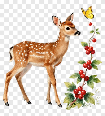 Fawn With Butterfly And Berries PNG
