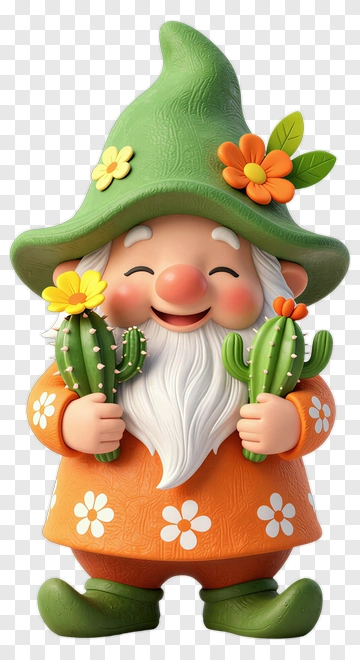 Happy Garden Gnome Holding Cacti PNG