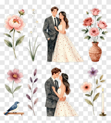 Watercolor Wedding Couple With Flowers And Bird PNG