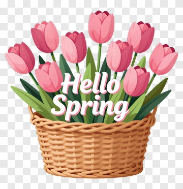 Hello Spring Tulips In Wicker Basket PNG