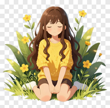 Girl Sitting Among Flowers PNG