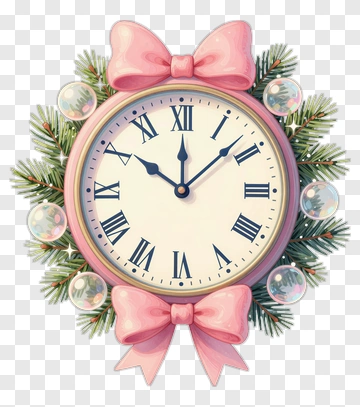Pink Clock With Festive Bow And Pine PNG