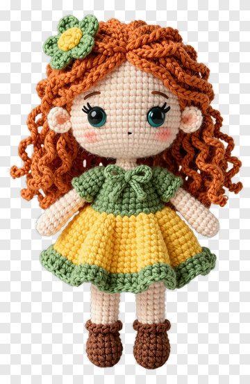 Crochet Doll With Flower Hair Accessory PNG