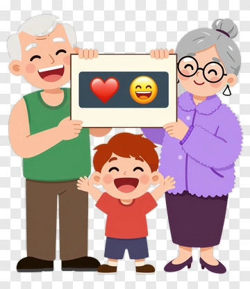 Happy Grandparents And Child With Emoji PNG