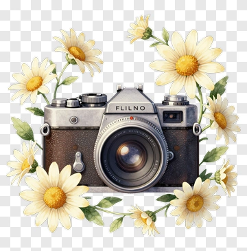 Vintage Camera Surrounded By Daisy Flowers PNG